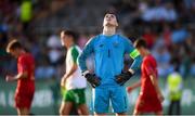 24 July 2019; Republic of Ireland goalkeeper Brian Maher reacts after conceding his side's third goal during the 2019 UEFA U19 Championships semi-final match between Portugal and Republic of Ireland at Banants Stadium in Yerevan, Armenia. Photo by Stephen McCarthy/Sportsfile