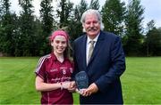 24 July 2019; Ellen Power of Galway receives the Player of the Match award from Dominic Leech, Leinster LGFA President, following the All-Ireland U16 A Ladies Football Final between Galway and Meath, at St Rynagh’s, Banagher, Co. Offaly. Photo by Piaras Ó Mídheach/Sportsfile