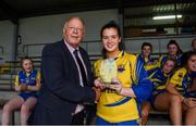 24 July 2019; Riane McGrath of Longford receives the Player of the Match award from Pat Quill, LGFA, following the All-Ireland U16 ‘B’ Championship Final 2019 match between Longford and Waterford at St Brendans Park in Birr, Co Offaly. Photo by David Fitzgerald/Sportsfile