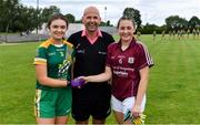 24 July 2019; Referee Kevin Whelan with team captains, Emma Jane McKeon of Meath and Chellene Trill of Galway before the All-Ireland U16 ‘A’ Championship Final 2019 match between Galway and Meath at St Rynagh's in Banagher, Co Offaly. Photo by Piaras Ó Mídheach/Sportsfile