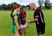 24 July 2019; Referee Kevin Whelan with team captains, Emma Jane McKeon of Meath and Chellene Trill of Galway before the All-Ireland U16 ‘A’ Championship Final 2019 match between Galway and Meath at St Rynagh's in Banagher, Co Offaly. Photo by Piaras Ó Mídheach/Sportsfile