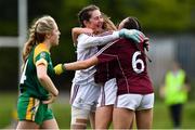 24 July 2019; Galway players, from left, Alana Griffin, Emma Madden, and Chellene Trill celebrate after the All-Ireland U16 ‘A’ Championship Final 2019 match between Galway and Meath at St Rynagh's in Banagher, Co Offaly. Photo by Piaras Ó Mídheach/Sportsfile