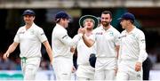 26 July 2019; Stuart Thompson of Ireland, 2nd from right, is congratulated by Ireland teammates after taking the final wicket of the England innings, that of Olly Stone during day three of the Specsavers Test Match between Ireland and England at Lords Cricket Ground in London, England. Photo by Matt Impey/Sportsfile