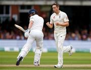 26 July 2019; Chris Woakes of England celebrates taking the wicket of William Porterfield of Ireland during day three of the Specsavers Test Match between Ireland and England at Lords Cricket Ground in London, England. Photo by Matt Impey/Sportsfile