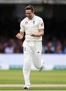 26 July 2019; Chris Woakes of England celebrates taking the wicket of Paul Stirling of Ireland during day three of the Specsavers Test Match between Ireland and England at Lords Cricket Ground in London, England. Photo by Matt Impey/Sportsfile