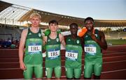 26 July 2019; Ireland athletes from left, Diarmuid O'Connor, Robert McDonnell, Israel Olatunde and Charles Okafor after competing in the boys medley relay heat at the Tofiq Bahramov Republican Stadium during Day Five of the 2019 Summer European Youth Olympic Festival in Baku, Azerbaijan. Photo by Eóin Noonan/Sportsfile