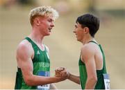 26 July 2019; Diarmuid O'Connor of Ireland, left, with team-mate Robert McDonell after the boys medley relay heat at the Tofiq Bahramov Republican Stadium during Day Five of the 2019 Summer European Youth Olympic Festival in Baku, Azerbaijan. Photo by Eóin Noonan/Sportsfile