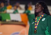26 July 2019; Rhasidat Adeleke of Ireland with her Gold medal for the girls 200m final at the Tofiq Bahramov Republican Stadium during Day Five of the 2019 Summer European Youth Olympic Festival in Baku, Azerbaijan. Photo by Eóin Noonan/Sportsfile