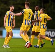 26 July 2019; Zack Elbouzedi, left, of Waterford celebrates after scoring his side's first goal with team-mates during the SSE Airtricity League Premier Division match between UCD and Waterford at UCD Bowl in Belfield, Dublin. Photo by Ben McShane/Sportsfile