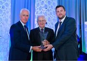 26 July 2019; Dermot Byrne of Villa Celtic FC, Coolock, Dublin is presented with his John Sherlock Services to Football award by Republic of Ireland manager Mick McCarthy, left, and Adrian Sherlock, son of John Sherlock, during the FAI Delegates Dinner and Communications Awards at Knightsbrook Hotel in Trim, Meath. Photo by Seb Daly/Sportsfile