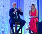 26 July 2019; Republic of Ireland manager Mick McCarthy in conversation with MC Marie Crowe during the FAI Delegates Dinner and Communications Awards at Knightsbrook Hotel in Trim, Meath. Photo by Seb Daly/Sportsfile