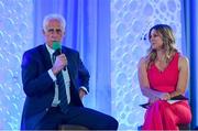 26 July 2019; Republic of Ireland manager Mick McCarthy in conversation with MC Marie Crowe during the FAI Delegates Dinner and Communications Awards at Knightsbrook Hotel in Trim, Meath. Photo by Seb Daly/Sportsfile