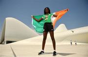 27 July 2019; Ireland's Rhasidat Adeleke poses for a portrait with her 100m & 200m gold medals in front of the Heydar Aliyev Center in Baku during Day Six of the 2019 Summer European Youth Olympic Festival in Baku, Azerbaijan. Photo by Eóin Noonan/Sportsfile