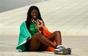 27 July 2019; Rhasidat Adeleke of Ireland poses for a portrait with her 100m Gold medal and her 200m gold medal in front of the Heydar Aliyev Center in Baku during Day Six of the 2019 Summer European Youth Olympic Festival in Baku, Azerbaijan. Photo by Eóin Noonan/Sportsfile