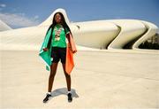 27 July 2019; Rhasidat Adeleke of Ireland poses for a portrait with her 100m Gold medal and her 200m gold medal in front of the Heydar Aliyev Center in Baku during Day Six of the 2019 Summer European Youth Olympic Festival in Baku, Azerbaijan. Photo by Eóin Noonan/Sportsfile