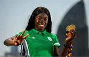 27 July 2019; Rhasidat Adeleke of Ireland poses for a portrait with her 100m Gold medal and her 200m gold medal in front of the Heydar Aliyev Center in Baku during Day Six of the 2019 Summer European Youth Olympic Festival in Baku, Azerbaijan. Photo by Eóin Noonan/Sportsfile