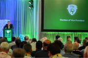 27 July 2019; Newly elected FAI Vice President Paul Cooke addresses the members during the FAI AGM at Knightsbrook Hotel in Trim, Meath. Photo by Brendan Moran/Sportsfile