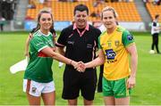 27 July 2019; Referee Stephen McNulty with Mayo captain Niamh Kelly, left, and Donegal captain Karen Gutherie prior to the TG4 All-Ireland Ladies Football Senior Championship Group 4 Round 3 match between Donegal and Mayo at Bord Na Mona O'Connor Park in Tullamore, Offaly. Photo by Ben McShane/Sportsfile