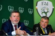 27 July 2019; FAI President Donal Conway, left, in the company of newly elected FAI Vice President Paul Cooke, speaking during a press conference after the FAI AGM at Knightsbrook Hotel in Trim, Meath. Photo by Brendan Moran/Sportsfile