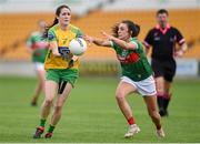 27 July 2019; Katy Herron of Donegal in action against Niamh Kelly of Mayo during the TG4 All-Ireland Ladies Football Senior Championship Group 4 Round 3 match between Donegal and Mayo at Bord Na Mona O'Connor Park in Tullamore, Offaly. Photo by Ben McShane/Sportsfile