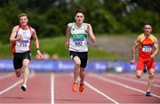 27 July 2019; Mark Smyth of Raheny Shamrock A.C., Co. Dublin, centre, competing in the Mens 100m heats, during day one of the Irish Life Health National Senior Track & Field Championships at Morton Stadium in Santry, Dublin. Photo by Sam Barnes/Sportsfile