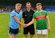 27 July 2019; Referee Paul Faloon with captains Alex Rogers of Dublin and Aidan Cosgrove of Mayo prior to the Electric Ireland GAA Football All-Ireland Minor Championship Quarter-Final match between Mayo and Dublin at Glennon Brothers Pearse Park in Longford. Photo by Seb Daly/Sportsfile