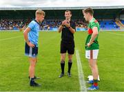 27 July 2019; Referee Paul Faloon with captains Alex Rogers of Dublin and Aidan Cosgrove of Mayo during the coin toss prior to the Electric Ireland GAA Football All-Ireland Minor Championship Quarter-Final match between Mayo and Dublin at Glennon Brothers Pearse Park in Longford. Photo by Seb Daly/Sportsfile