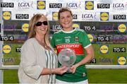 27 July 2019; Grace Kelly of Mayo receives the Player of the Match award from Helen O’Rourke, Ladies Gaelic Football Association CEO, following the TG4 All-Ireland Ladies Senior Football Championship Group 4 Round 3 fixture between Donegal and Mayo at Bord na Móna O’Connor Park, Tullamore, Co. Offaly. Photo by Ben McShane/Sportsfile