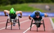 27 July 2019; Isaac Towers, right, on his way to winning the Men's 800m Wheelchair event, ahead of Cillian Dunne of Borrisokane A.C., Co. Tipperary, during day one of the Irish Life Health National Senior Track & Field Championships at Morton Stadium in Santry, Dublin. Photo by Sam Barnes/Sportsfile