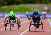 27 July 2019; Isaac Towers, right, on his way to winning the Men's 800m Wheelchair event, ahead of Cillian Dunne of Borrisokane A.C., Co. Tipperary, during day one of the Irish Life Health National Senior Track & Field Championships at Morton Stadium in Santry, Dublin. Photo by Sam Barnes/Sportsfile