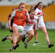 27 July 2019; Blaithin Mackin of Armagh in action against Ashling Hutchings of Cork during the TG4 All-Ireland Ladies Football Senior Championship Group 1 Round 3 match between Armagh and Cork at Bord Na Mona O'Connor Park in Tullamore, Offaly. Photo by Ben McShane/Sportsfile