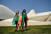 27 July 2019; Molly Mayne, left, and Rhasidat Adeleke of Ireland pose for a portrait with their 100m and 200m breaststroke Bronze medals, and 100m, 200m Gold medals in front of the Heydar Aliyev Center in Baku during Day Six of the 2019 Summer European Youth Olympic Festival in Baku, Azerbaijan. Photo by Eóin Noonan/Sportsfile
