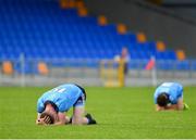 27 July 2019; Senan Forker of Dublin reacts following his side's defeat during the Electric Ireland GAA Football All-Ireland Minor Championship Quarter-Final match between Mayo and Dublin at Glennon Brothers Pearse Park in Longford. Photo by Seb Daly/Sportsfile
