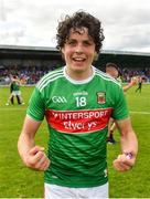 27 July 2019; Rory Morrin of Mayo celebrates following his side's victory during the Electric Ireland GAA Football All-Ireland Minor Championship Quarter-Final match between Mayo and Dublin at Glennon Brothers Pearse Park in Longford. Photo by Seb Daly/Sportsfile