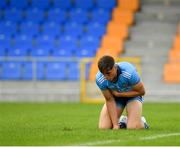 27 July 2019; Luke Swan of Dublin reacts following an injury during the Electric Ireland GAA Football All-Ireland Minor Championship Quarter-Final match between Mayo and Dublin at Glennon Brothers Pearse Park in Longford. Photo by Seb Daly/Sportsfile