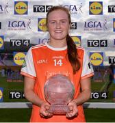 27 July 2019; Blaithin Mackin of Armagh with her Player of The Match award following the TG4 All-Ireland Ladies Football Senior Championship Group 1 Round 3 match between Armagh and Cork at Bord Na Mona O'Connor Park in Tullamore, Offaly. Photo by Ben McShane/Sportsfile