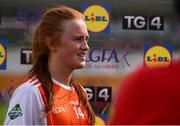 27 July 2019; Blaithin Mackin of Armagh is interviewed by TG4 following the TG4 All-Ireland Ladies Football Senior Championship Group 1 Round 3 match between Armagh and Cork at Bord Na Mona O'Connor Park in Tullamore, Offaly. Photo by Ben McShane/Sportsfile