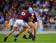 27 July 2019; Donal Ryan of Dublin in action against Cian Potter, left, and Ross Mahon of Galway during the EirGrid GAA Football All-Ireland U20 Championship Semi-Final match between Galway and Dublin at Glennon Brothers Pearse Park in Longford. Photo by Seb Daly/Sportsfile