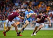 27 July 2019; Brian O'Leary of Dublin in action against Brian Harlowe, left, and Jack Kirrane of Galway during the EirGrid GAA Football All-Ireland U20 Championship Semi-Final match between Galway and Dublin at Glennon Brothers Pearse Park in Longford. Photo by Seb Daly/Sportsfile