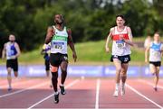 27 July 2019; Brandon Arrey of Raheny Shamrock A.C., Co. Dublin, left, and Cillin Greene of Galway City Harriers A.C., Co. Galway, competing in the Men's 200m heats during day one of the Irish Life Health National Senior Track & Field Championships at Morton Stadium in Santry, Dublin. Photo by Sam Barnes/Sportsfile