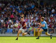 27 July 2019; Pádraig Costello of Galway in action against Daire Newcombe of Dublin during the EirGrid GAA Football All-Ireland U20 Championship Semi-Final match between Galway and Dublin at Glennon Brothers Pearse Park in Longford. Photo by Seb Daly/Sportsfile