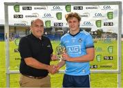 27 July 2019; Donal Ryan of Dublin is presented with the Man of the Match award by Aidan Naughton, EirGred, following the EirGrid GAA Football All-Ireland U20 Championship Semi-Final match between Galway and Dublin at Glennon Brothers Pearse Park in Longford. Photo by Seb Daly/Sportsfile