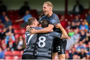 27 July 2019; John Mountney of Dundalk celebrates after scoring his sides first goal of the game with Daniel Kelly and Georgie Kelly during the SSE Airtricity League Premier Division match between St Patrick's Athletic and Dundalk at Richmond Park in Dublin. Photo by Michael P Ryan/Sportsfile