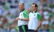 27 July 2019; Limerick manager John Kiely, left, and selector Paul Kinnerk during the GAA Hurling All-Ireland Senior Championship Semi-Final match between Kilkenny and Limerick at Croke Park in Dublin. Photo by David Fitzgerald/Sportsfile