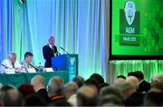 27 July 2019; Wayne Harding, Chairman, Meath County Council, speaking during the FAI AGM at Knightsbrook Hotel in Trim, Meath. Photo by Brendan Moran/Sportsfile