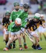 27 July 2019; Ronan Brennan, St Naile’s PS, Kinawley, Fermanagh, representing Limerick, in action against Liam Mac an Fhailghigh, Scoil an tSeachtar Laoch, Dublin, representing Kilkenny, during the INTO Cumann na mBunscol GAA Respect Exhibition Go Games at the GAA Hurling All-Ireland Senior Championship Semi-Final match between Limerick and Kilkenny at Croke Park in Dublin. Photo by Ramsey Cardy/Sportsfile
