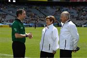 28 July 2019; Referee Colm Cunning in conversation with two of his umpires, Anne and Patrick Cunning, his mum and dad, before the Electric Ireland GAA Hurling All-Ireland Minor Championship Semi-Final match between Wexford and Galway at Croke Park in Dublin. Photo by Ray McManus/Sportsfile
