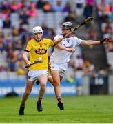 28 July 2019; Jack Kirwan of Wexford in action against Alex Connaire of Galway during the Electric Ireland GAA Hurling All-Ireland Minor Championship Semi-Final match between Wexford and Galway at Croke Park in Dublin. Photo by Ray McManus/Sportsfile