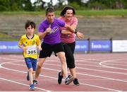 28 July 2019; Robert Heffernan blocks Sinead Galvin whilst competing in the 3km Family Run during the Athletics Ireland Festival of Running at Morton Stadium in Santry, Dublin. Photo by Sam Barnes/Sportsfile
