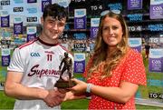 28 July 2019; Sean McDonagh of Galway is presented with his Electric Ireland Man of the Match award by Maeve Galvin, Sponsorship Programme Manager, Electric Ireland, following the Electric Ireland GAA Hurling All-Ireland Minor Championship Semi-Final match between Wexford and Galway at Croke Park in Dublin. Photo by Brendan Moran/Sportsfile